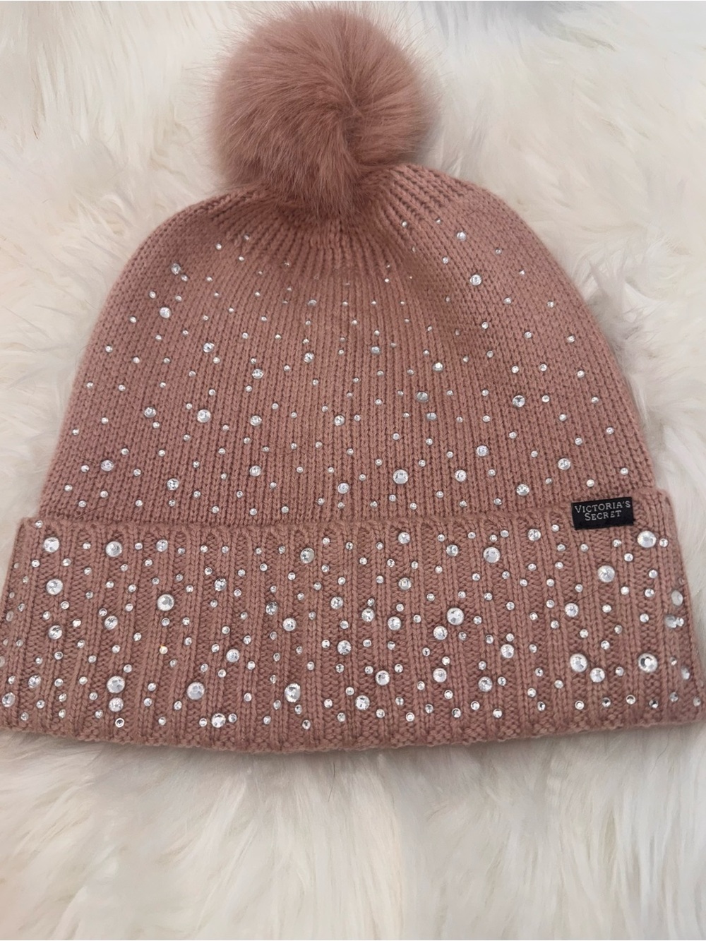 Victoria's Secret Rose Blush Rhinestone Faux Fur Pom-Pom Beanie